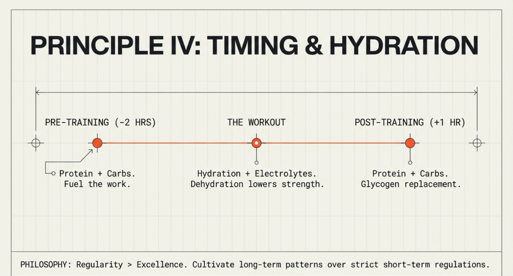 Workout timeline graphic illustrating pre-training protein and carbs, hydration during workout, and post-workout glycogen replenishment.