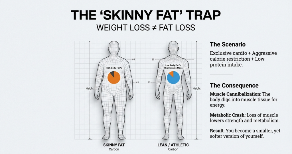 Comparison graphic showing high body fat vs lean athletic physique, explaining muscle loss from excessive cardio and dieting.