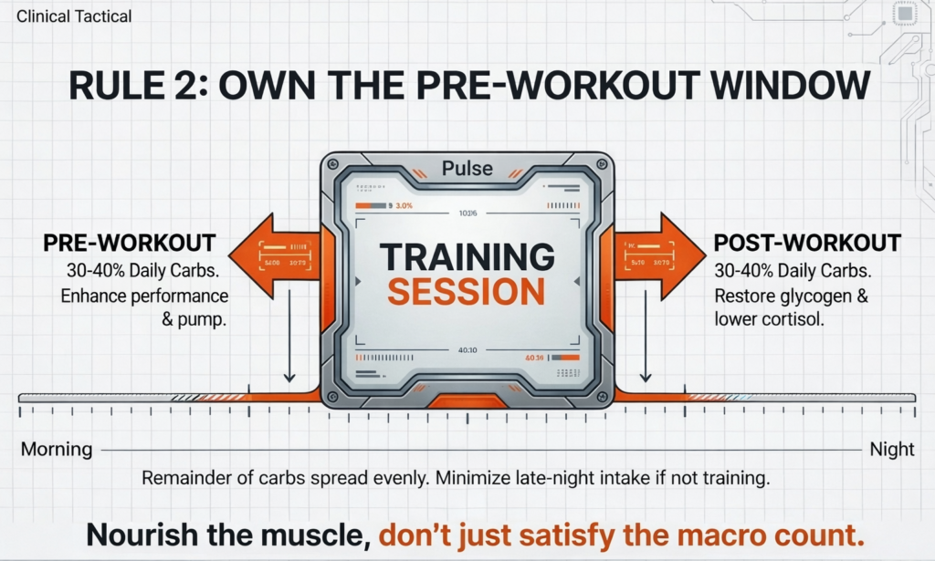 Infographic showing 30-40 percent carbohydrate intake pre-workout and post-workout for performance and glycogen restoration.