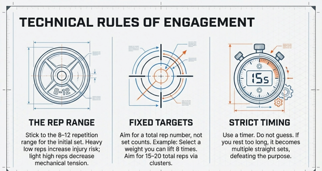Infographic outlining rest-pause rules including 8–12 rep range, fixed total rep targets, and strict 10–30 second rest timing.