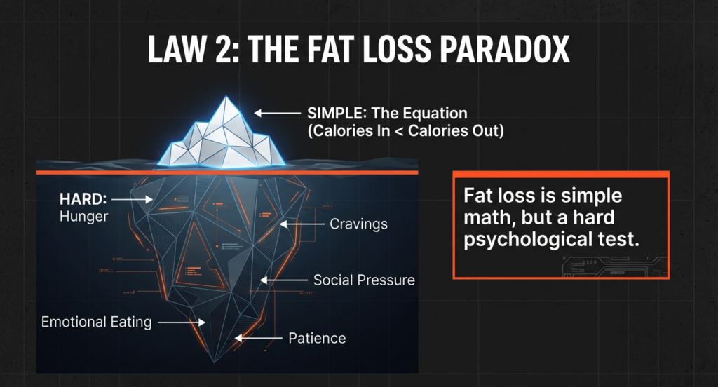 Iceberg graphic showing calories in vs calories out above water and hunger, cravings, emotional eating, and social pressure below.