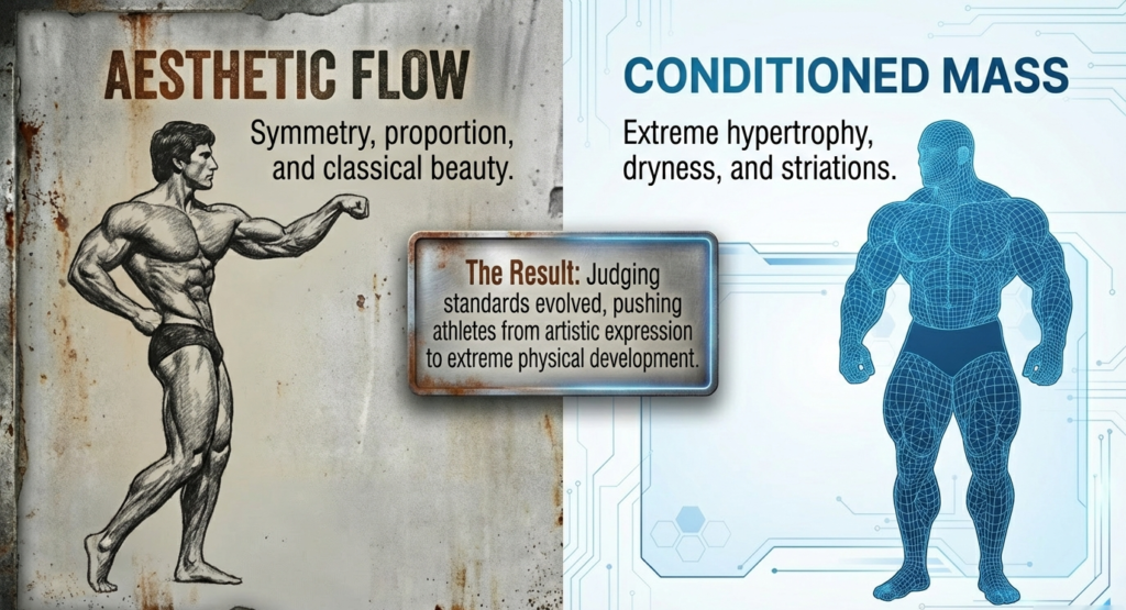 Illustration comparing Golden Era symmetry and proportion with modern extreme muscle mass and conditioning.