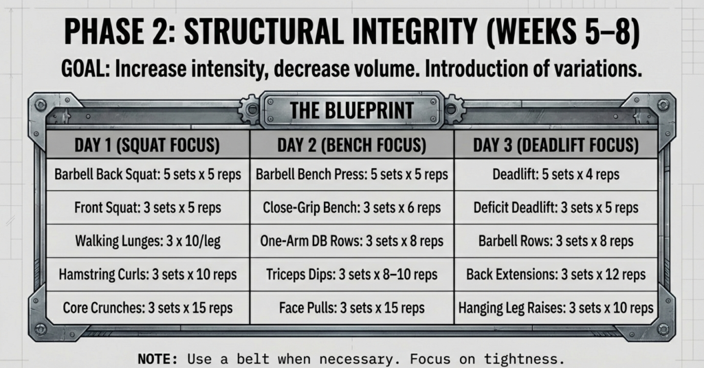 Phase 2 powerlifting workout plan showing increased intensity, reduced volume, and accessory movements for weeks 5 to 8.