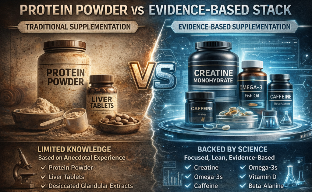 Split infographic comparing traditional protein powder and liver tablets with a modern evidence-based supplement stack including creatine, omega-3, caffeine, vitamin D, and beta-alanine.