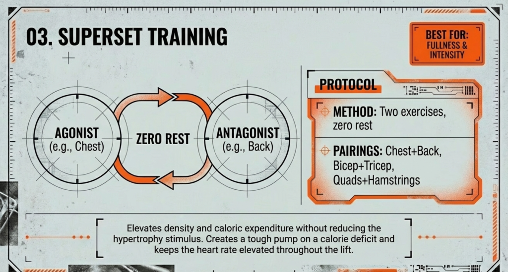 Diagram illustrating superset method with agonist and antagonist muscle pairing such as chest and back performed with zero rest.