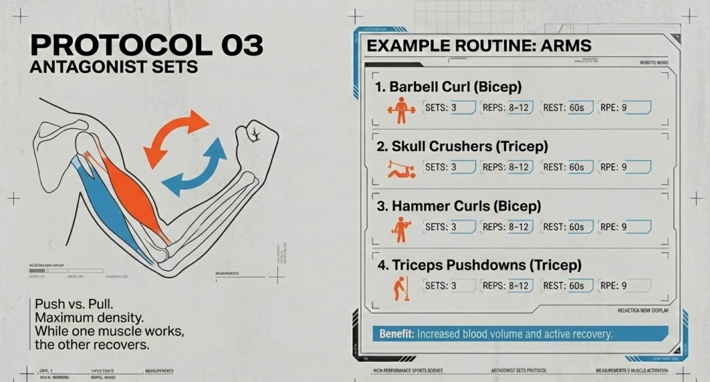 Illustration of biceps and triceps antagonist training with barbell curls, skull crushers, hammer curls, and triceps pushdowns.