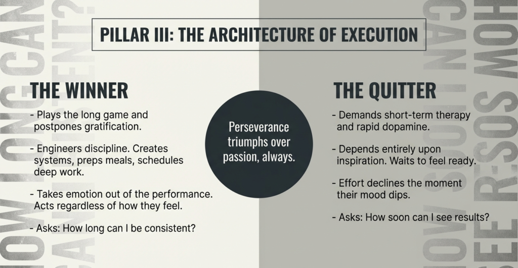 Infographic comparing long-term disciplined execution versus short-term gratification and emotional decision-making.
