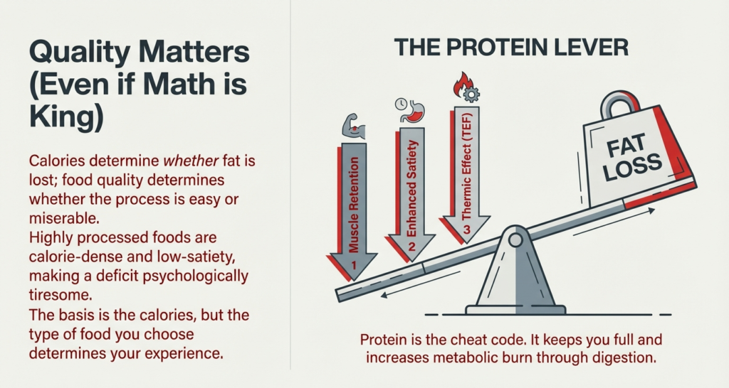 Comparison explaining how food quality affectsScale illustration showing protein improving muscle retention, satiety, and thermic effect for fat loss.