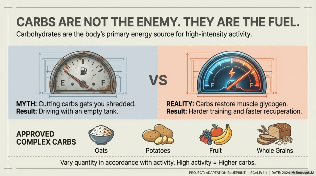 Comparison showing low-carb fatigue versus adequate carbs improving workout performance and recovery.