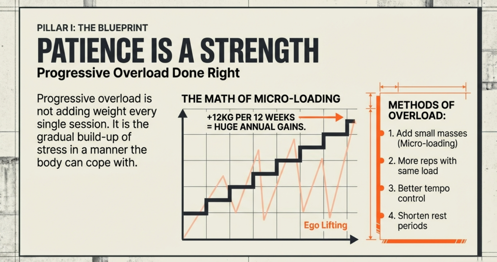 Graph illustrating progressive overload through micro-loading compared to ego lifting and inconsistent progress.