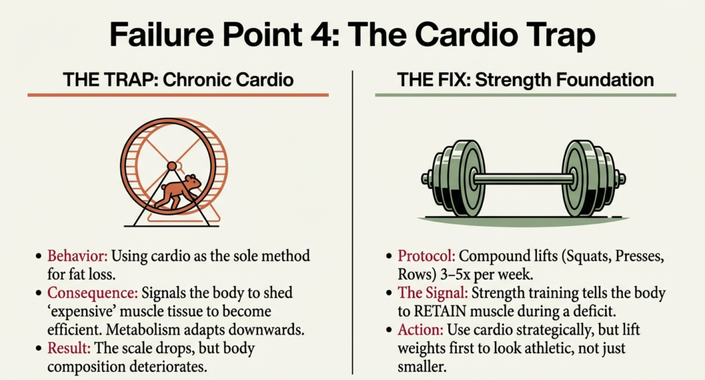 Graphic comparing excessive cardio leading to muscle loss versus strength training preserving lean mass during fat loss.