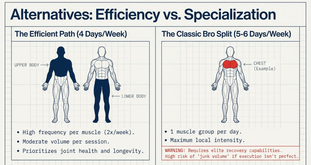 Comparison between an upper lower split for efficiency and a classic bro split for specialization, highlighting frequency, intensity, and recovery demands.