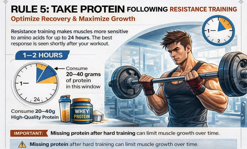 Infographic showing 1–2 hour post-workout window with recommendation to consume 20–40 grams of protein for optimal recovery and muscle growth. protein guidelines, muscle growth
