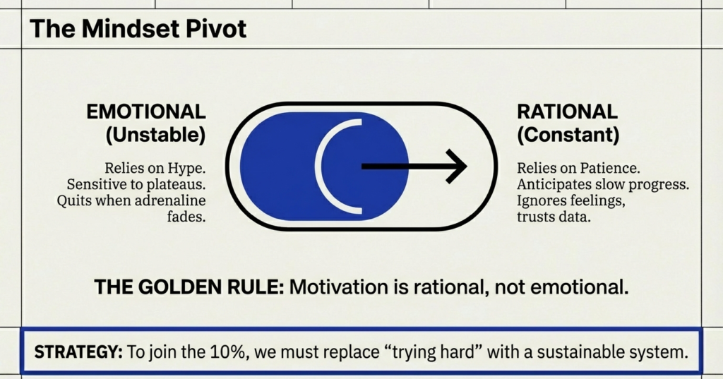 Diagram contrasting emotional, hype-driven motivation with rational, data-driven consistency for long-term gym success.