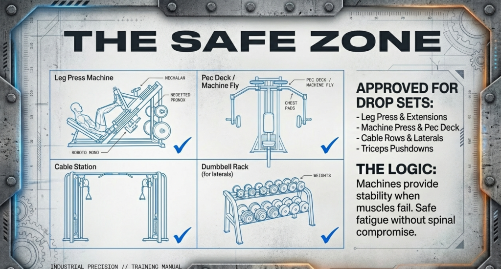 Approved exercises for drop sets including leg press, pec deck, cable station, and dumbbell laterals.