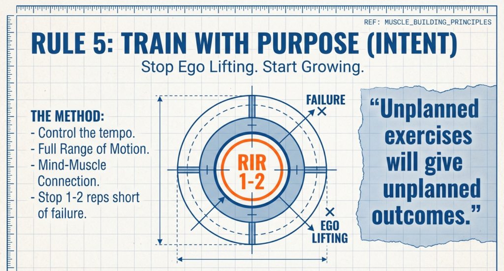 Target diagram illustrating RIR 1–2, controlled tempo, full range of motion, and avoiding ego lifting for better hypertrophy.