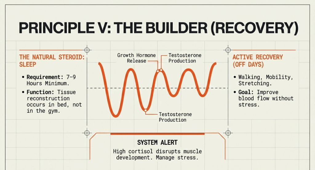 Graphic highlighting 7–9 hours of sleep, growth hormone release, testosterone production, and active recovery practices like walking and mobility.
