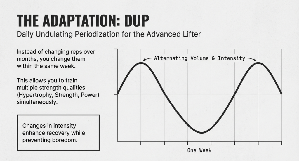 Graph showing weekly fluctuations in volume and intensity in a DUP powerlifting training model.