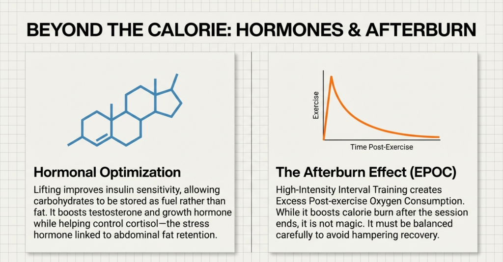 Graphic showing hormone molecule structure and EPOC afterburn curve explaining hormonal optimization and post-exercise calorie burn.