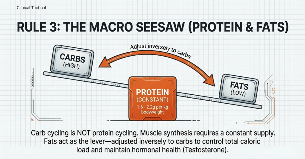 Seesaw diagram illustrating constant protein intake with inverse adjustment between carbohydrates and fats.