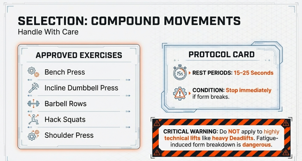 List of compound exercises suitable for rest-pause including bench press, incline dumbbell press, rows, hack squats, and shoulder press, with safety warnings.