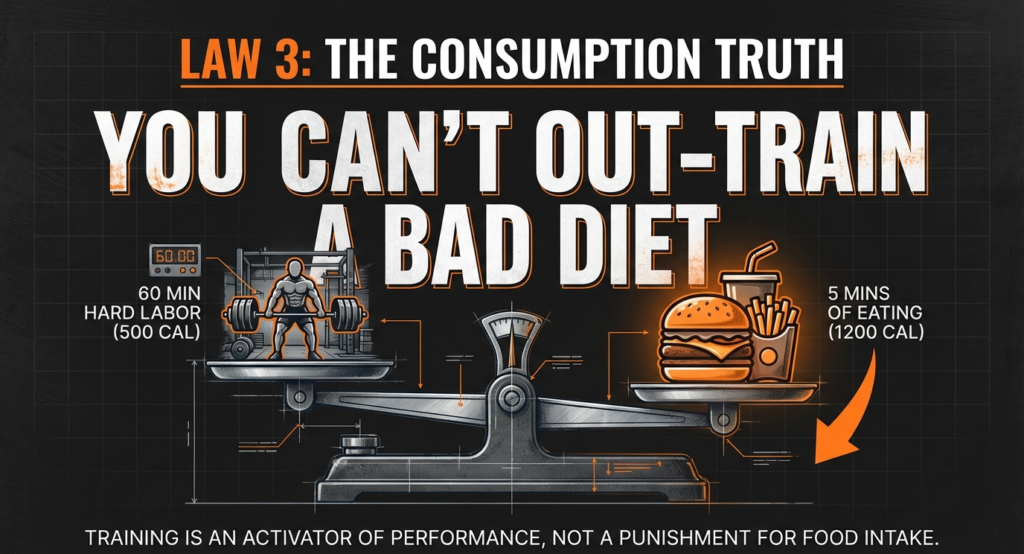 Scale balancing a workout session burning 500 calories against fast food worth 1200 calories, emphasizing calorie imbalance.