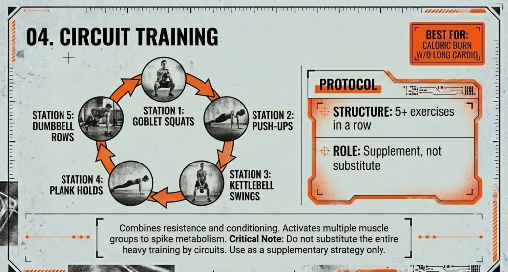 Infographic of circuit training sequence including goblet squats, push-ups, kettlebell swings, planks, and dumbbell rows.