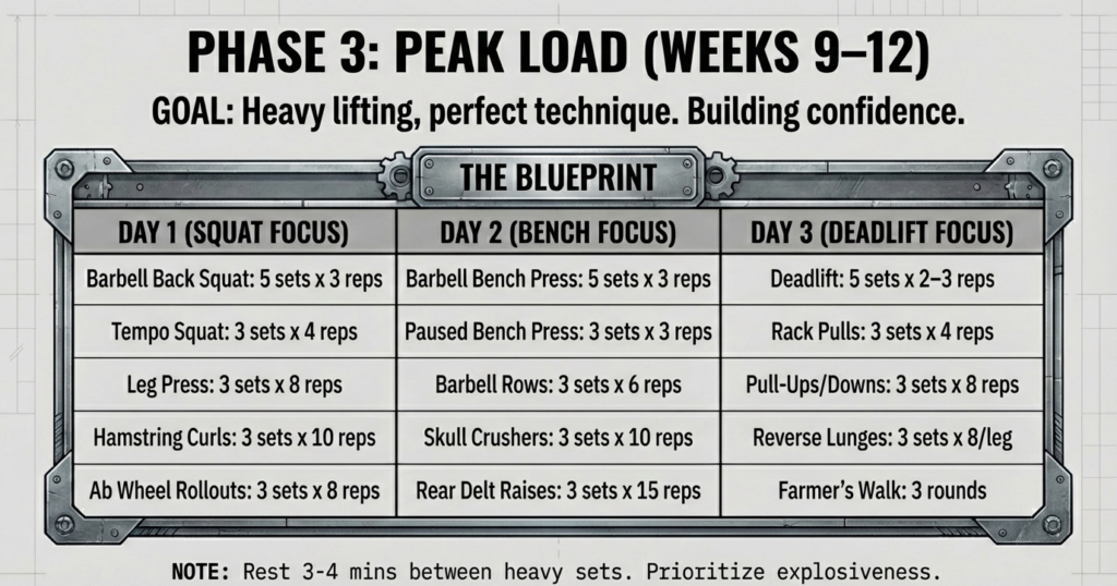 Phase 3 powerlifting workout schedule with heavy sets, low reps, and peak load training for weeks 9 to 12.