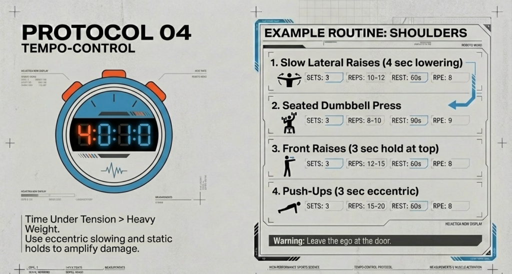 Stopwatch-themed infographic demonstrating slow lateral raises, seated presses, front raises, and controlled push-ups.