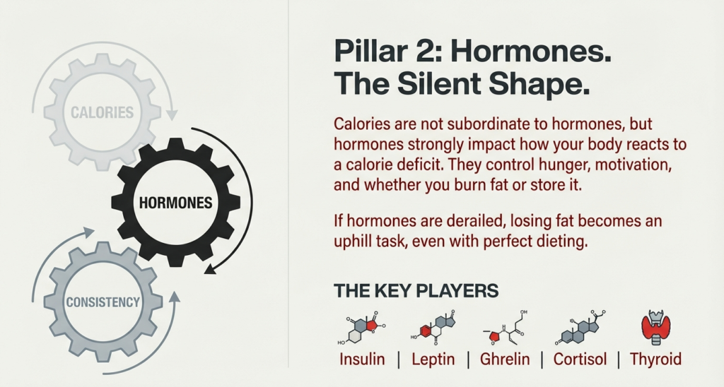 Diagram explaining how hormones influence hunger, motivation, fat storage, and calorie deficit response.