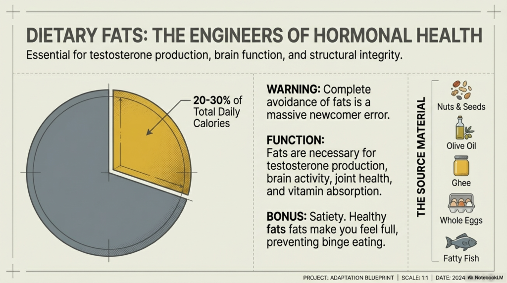 Infographic explaining healthy fat intake of 20–30% calories and its role in hormones and recovery.