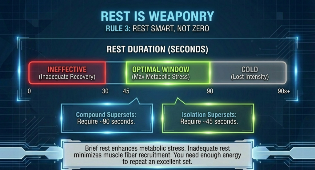 Rest duration chart showing optimal rest periods between supersets for compound and isolation exercises.