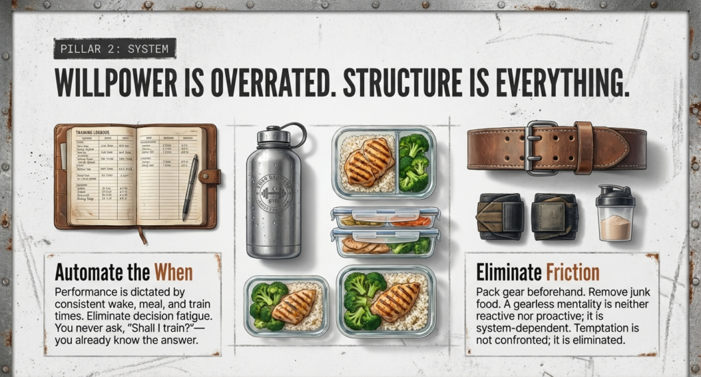 Visual showing meal prep, water bottle, journal, and gym gear representing structure over willpower in fitness.