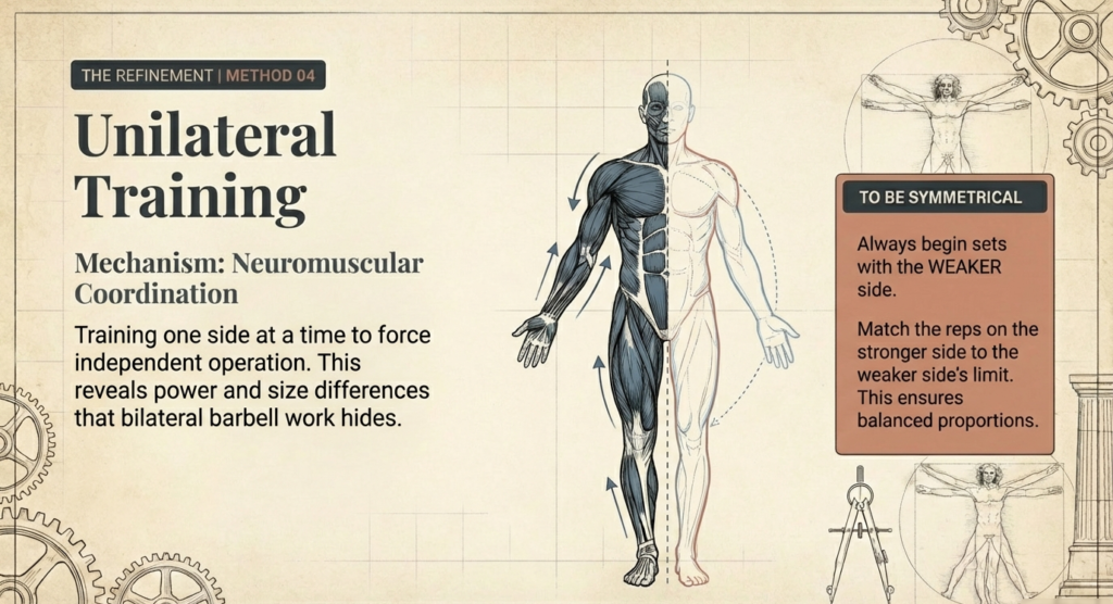 Split-body illustration showing unilateral training to correct strength and size imbalances between left and right sides.