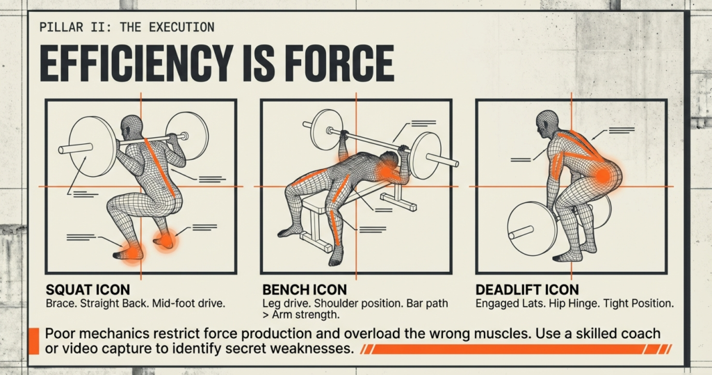 Technical illustrations showing correct squat, bench press, and deadlift mechanics for maximum force production.