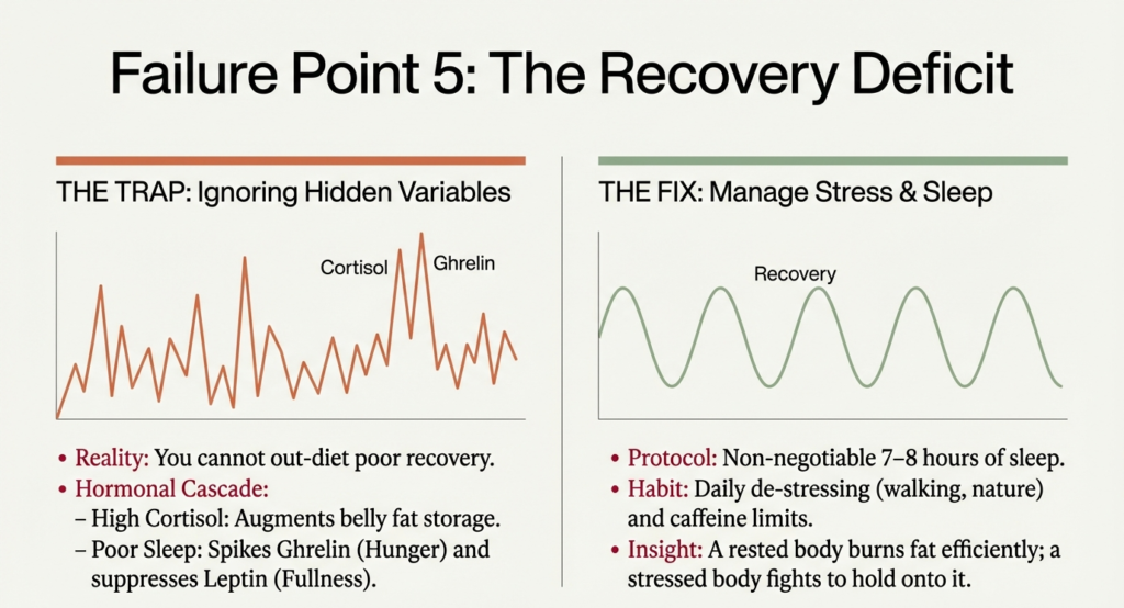 Chart showing cortisol and hunger hormone spikes from poor sleep compared to stable recovery with proper rest.