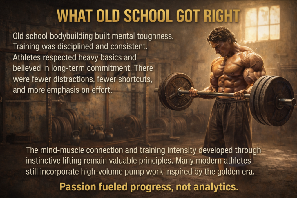 Vintage-style gym scene showing a muscular bodybuilder performing heavy barbell curls in a gritty old-school setting, with text highlighting discipline, mind-muscle connection, and passion over analytics.