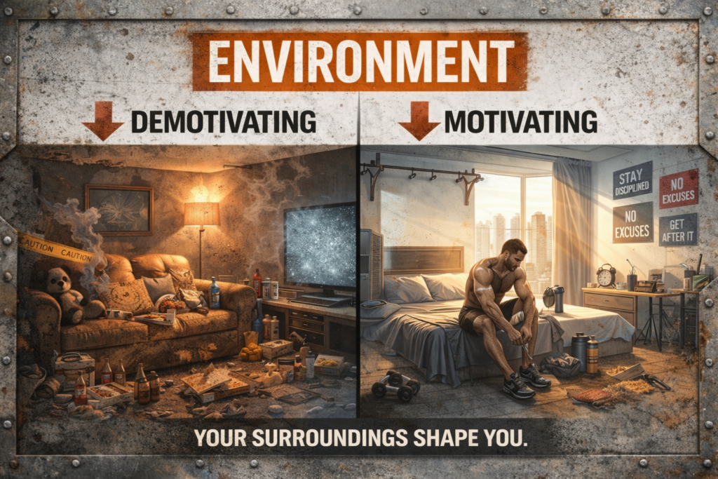 Split image showing a demotivating cluttered environment versus a motivating disciplined setup, illustrating how surroundings influence habits, focus, and fitness discipline.