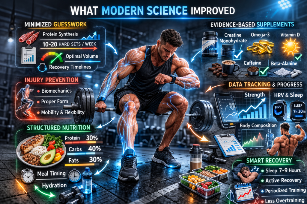 High-tech fitness infographic showing a muscular athlete training with data overlays, highlighting minimized guesswork, injury prevention, structured nutrition, evidence-based supplements, and recovery tracking.