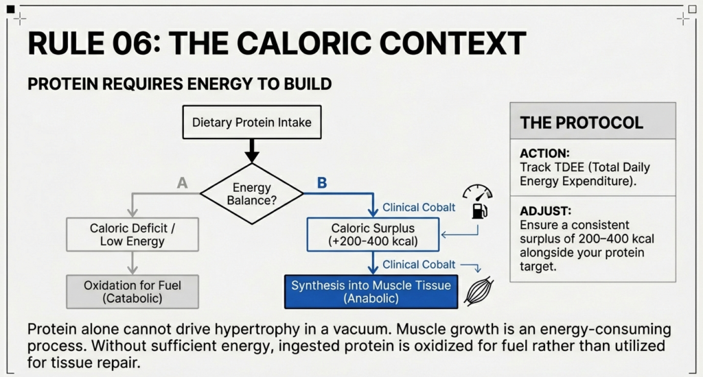Flowchart showing protein intake leading to muscle synthesis only under caloric surplus, while deficit leads to oxidation and catabolism.