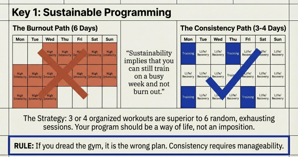 Comparison chart showing a six-day high-intensity workout schedule versus a balanced three-to-four-day training plan focused on recovery.