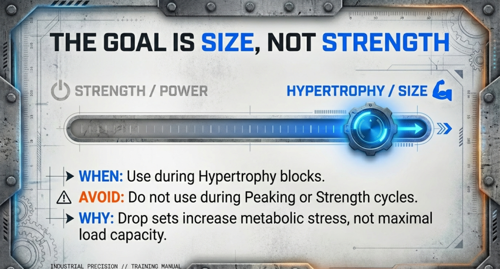 Graphic comparing strength versus hypertrophy showing drop sets are best used in muscle growth phases not strength cycles.