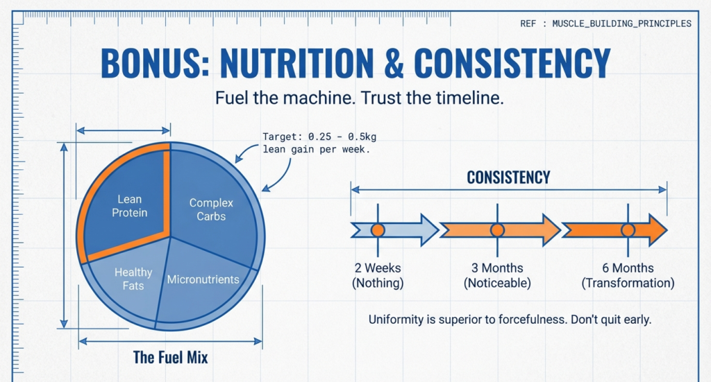 Infographic showing balanced macronutrients and a timeline of consistency leading to visible muscle transformation.