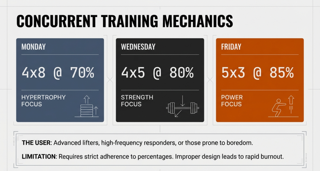 Weekly training split showing Monday hypertrophy (4x8), Wednesday strength (4x5), and Friday power (5x3) sessions.