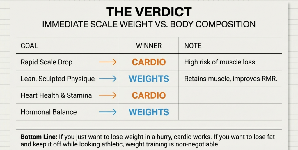 Comparison table showing cardio better for rapid scale drop and weights better for lean physique and hormonal balance.