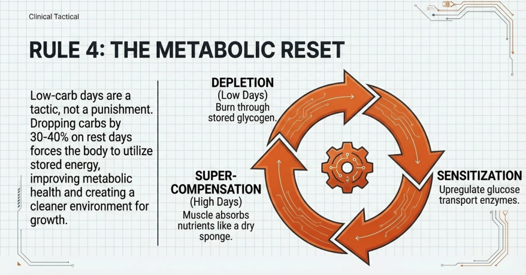 Circular diagram showing depletion, sensitization, and super-compensation phases in carb cycling strategy.