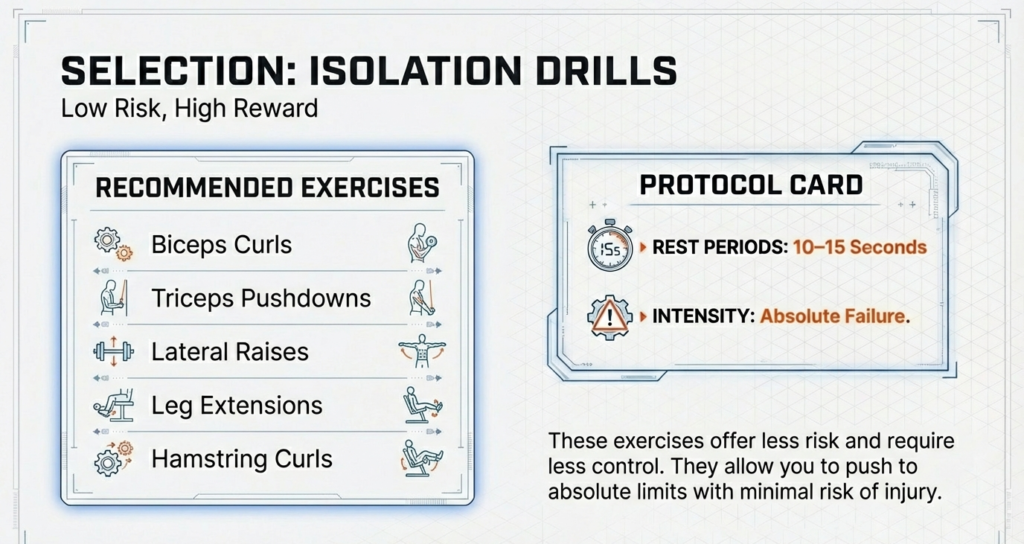 Infographic recommending isolation exercises for rest-pause training such as biceps curls, triceps pushdowns, lateral raises, leg extensions, and hamstring curls.