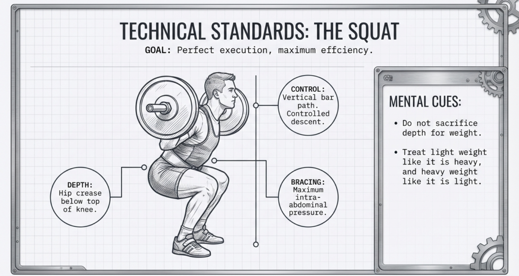 Illustration demonstrating proper squat depth, bracing, bar path, and control for powerlifting technique.