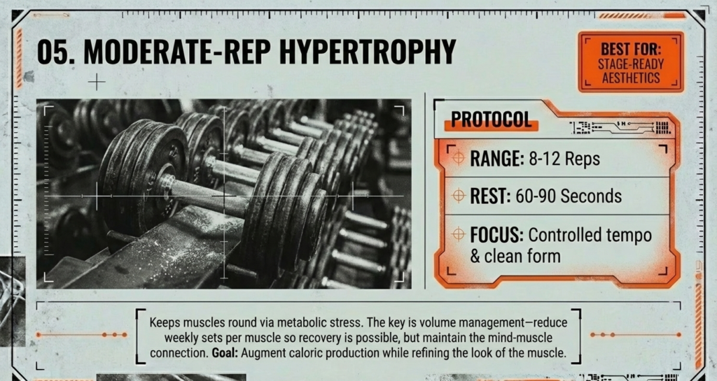 Dumbbell rack image with hypertrophy protocol showing 8–12 reps, 60–90 seconds rest, and controlled tempo for muscle retention.