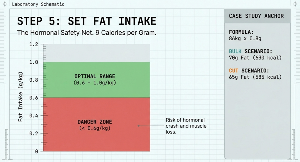 Chart showing optimal fat intake range (0.6–1.0g/kg) and danger zone below 0.6g/kg with hormonal risk warning.